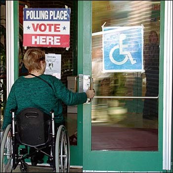 A voter enters an accessible polling place.